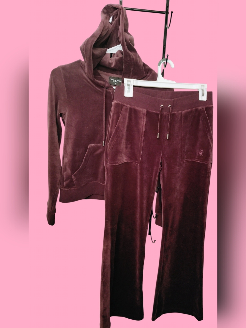 Juicy Couture Velvet Track Pants & Hoodie Set in Deep Burgundy